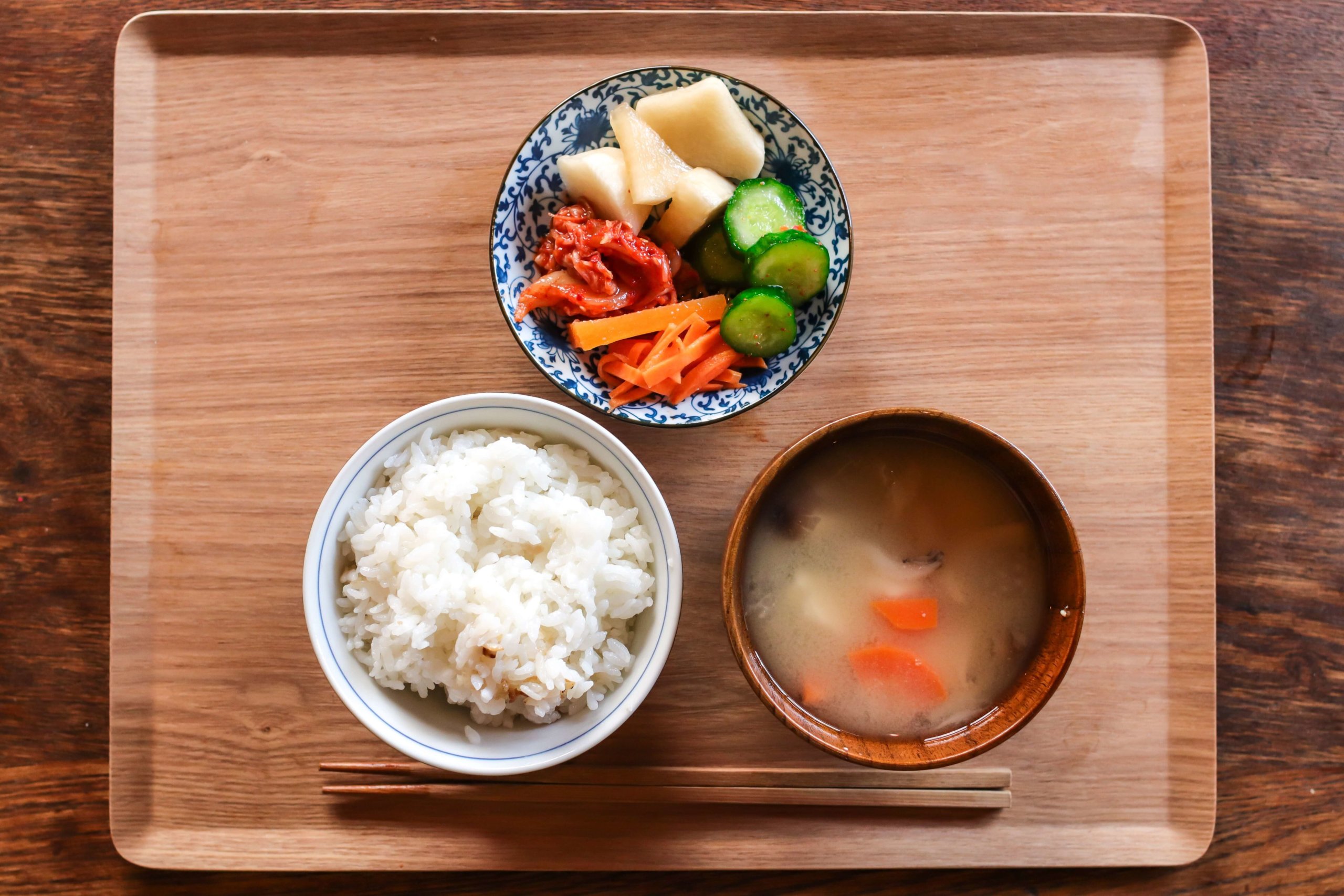 healthy japanese food including rice, miso shiru (soup) and vegetables