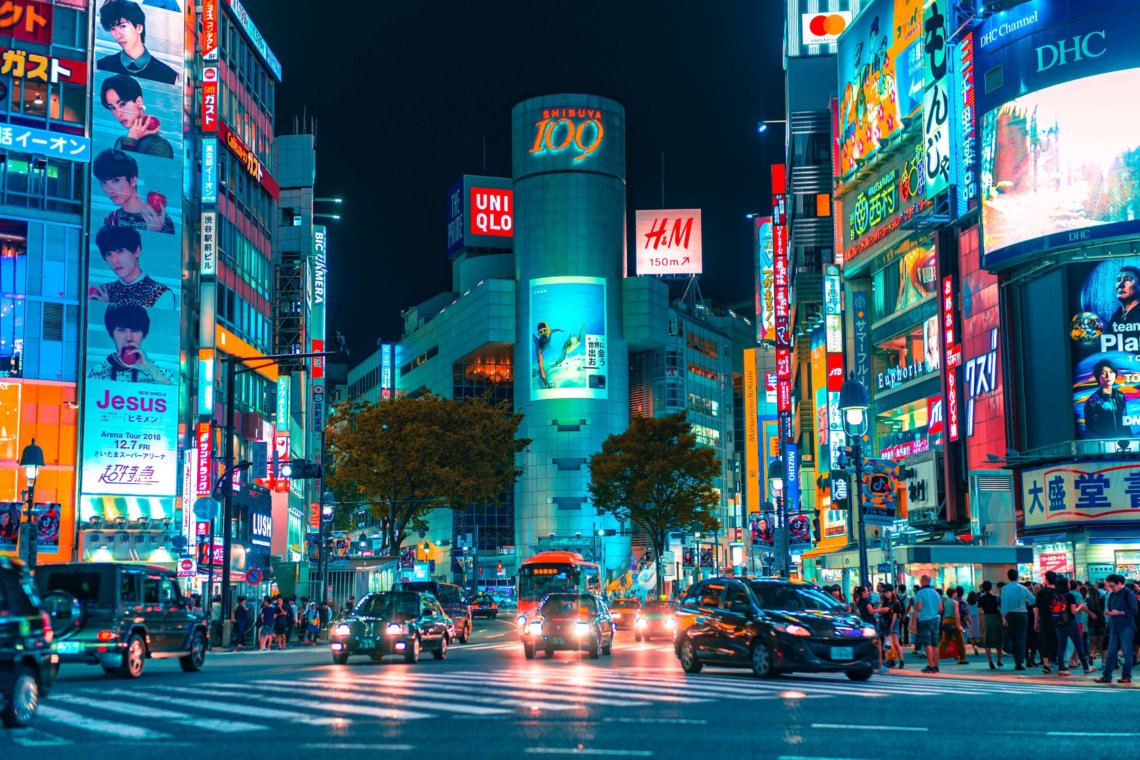 Neon Shibuya crossing Tokyo Japan