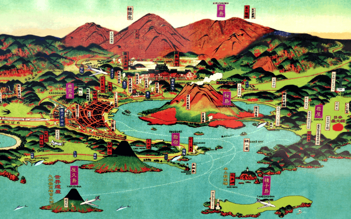 An illustrated map of Japan's shochu capital, Kagoshima