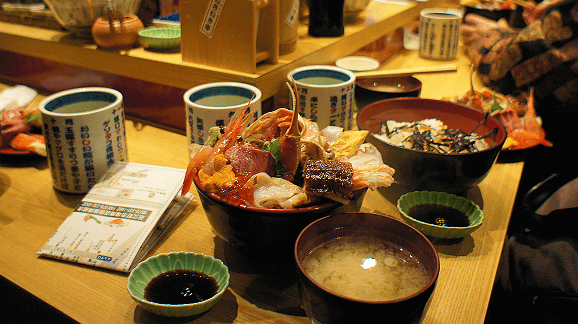 Kaisendon (seafood and rice bowl) served at Omicho Market, Kanazawa, Japan