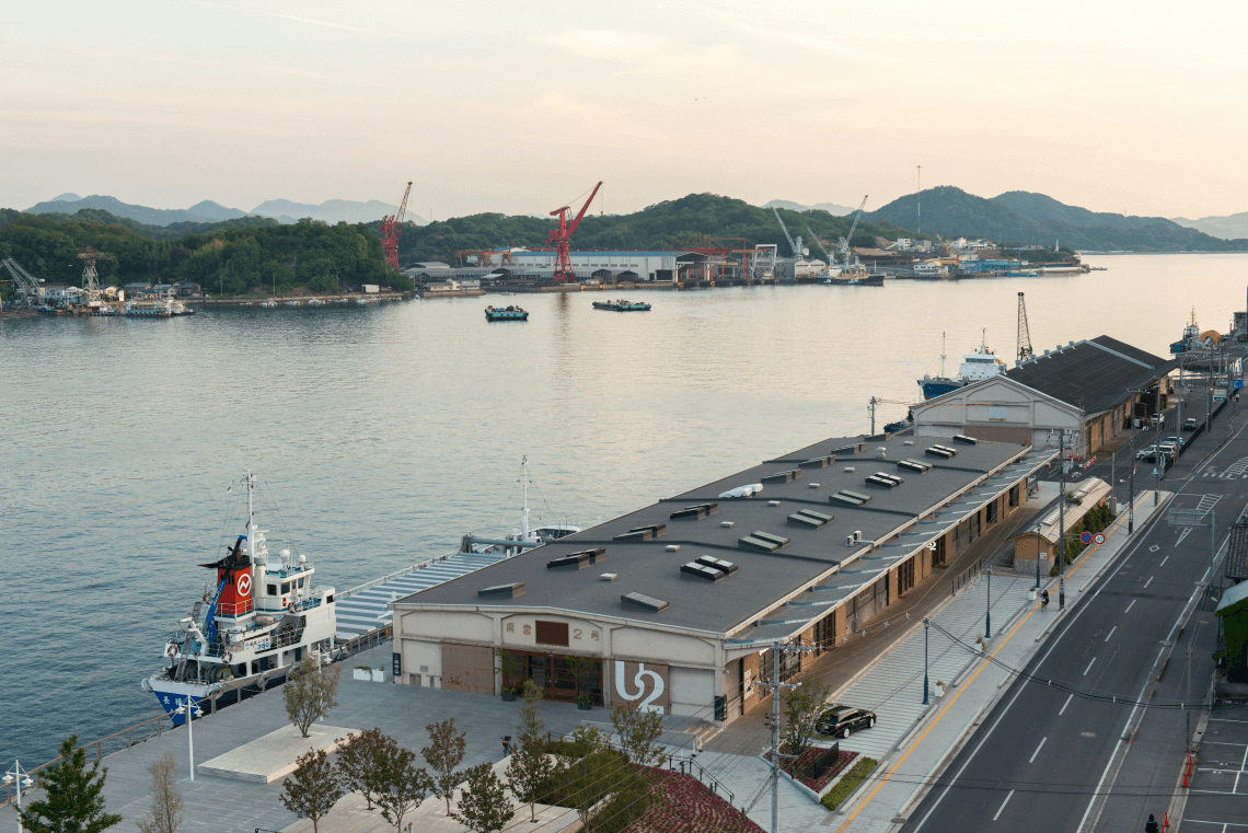 An aerial view of the renovated warehouse, Onomichi U2, Onomichi, Japan